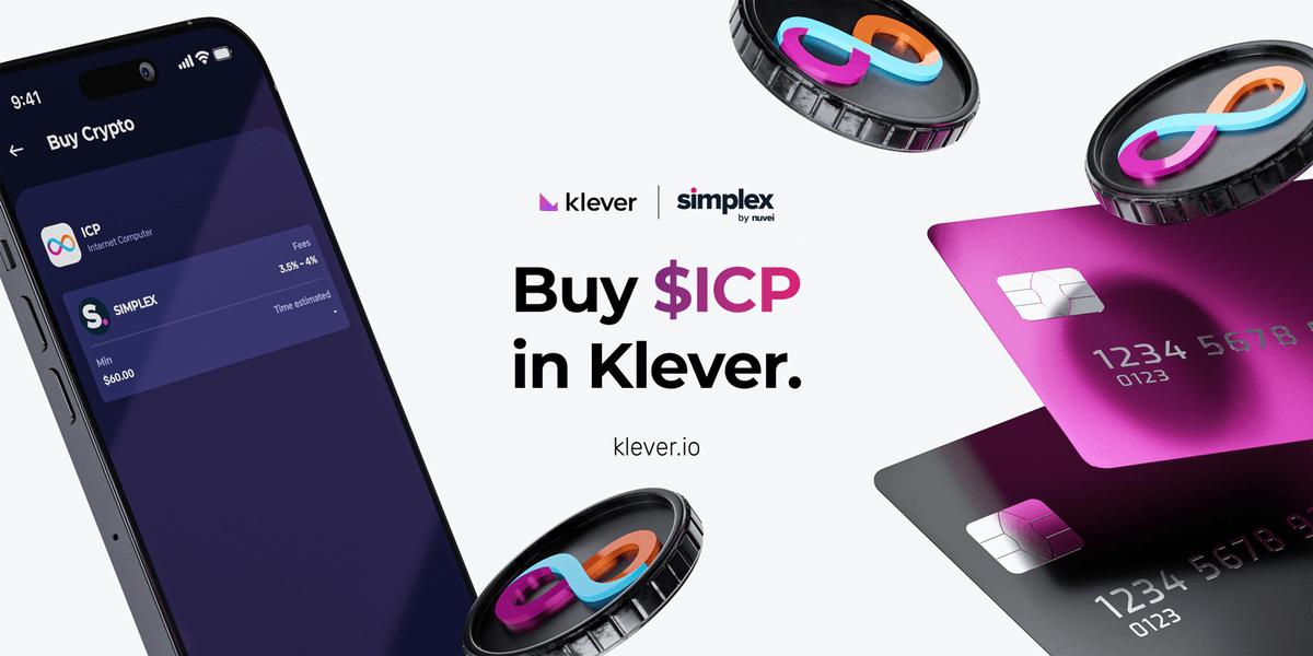 the image displays a buy icp in klever text, with a mobile crypto wallet and icp tokens with credit card